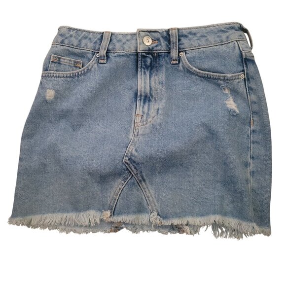 H&M Divided Distressed Light Blue Denim Mini Skirt With Raw Hem & Front Slit - S - Picture 1 of 6